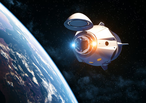 Commercial Spacecraft With Open Docking Hatch Orbiting Earth