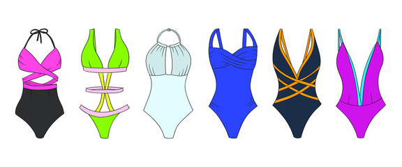 Swimming suits set. Doodle bikini. One piece swimsuits collection. Ladies clothes for summer vacation. Bikini sketch. Swimwear fashion.