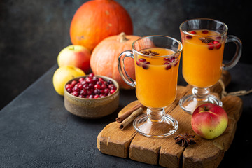 Spicy hot pumpkin punch or sangria in a glass with apple, cinnamon, anise. Halloween and Thanksgiving. Traditional autumn, winter drinks and cocktails