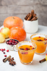 Spicy hot pumpkin punch or sangria in a glass with apple, cinnamon, anise. Halloween and Thanksgiving. Traditional autumn, winter drinks and cocktails