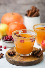 Spicy hot pumpkin punch or sangria in a glass with apple, cinnamon, anise. Halloween and Thanksgiving. Traditional autumn, winter drinks and cocktails