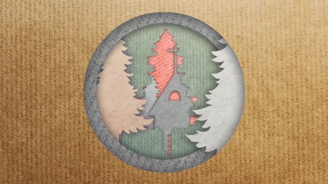 VDO Paper cut background in the shape of a Christmas tree, house, mountain, snow, and Santa in an animated circle frame, for the Christmas and New Year's holidays.