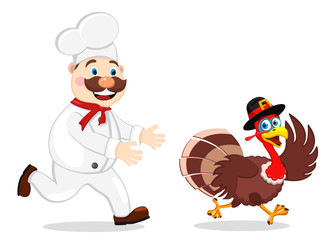 Turkey in a hat runs away from the cook on a white background. Thanksgiving day