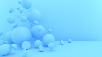 3d bubbles background. Balls. Spheres. Abstract wallpaper. Geometric objects. Trendy modern illustration. 3d rendering. Falling shapes. Minimal style. Pastel blue.