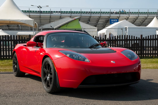 Tesla Zero Emission Electric Sports Car On Display In Santa Pod, UK - April 23, 201.0