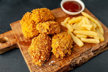 fried chicken with french fries and food nuggets - on stone background