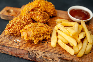 fried chicken with french fries and food nuggets - on stone background