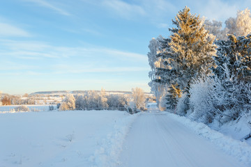 Winter road with a beautiful snowy rural landscape