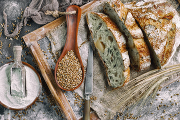 Bread products on the table in composition 