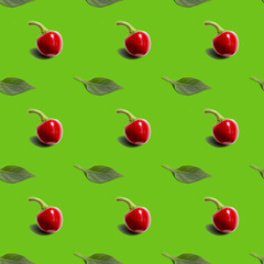 Seamless background with hot red pepper round with green leaf on green background. Modern style isometric concept.