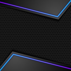 Futuristic perforated technology abstract background with blue violet neon glowing lines. Vector graphic design