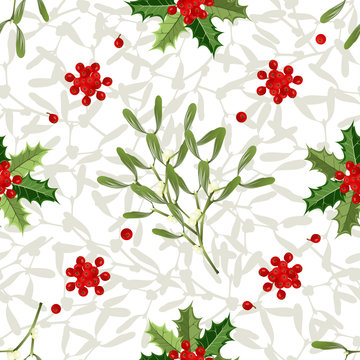 Christmas seamless pattern with mistletoe branches and holly berries on white background, vector illustration.