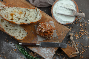 Bread products on the table in composition - close-up