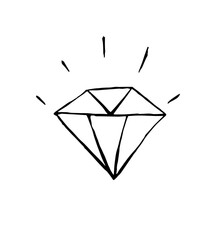 Diamond icon. Hand-drawn contour black and white doodle illustration. EPS 10 vector
