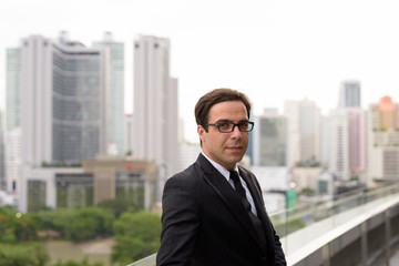 Fototapeta premium Handsome Persian businessman against view of the city