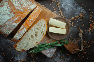 Bread products on the table in composition - close-up