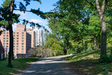 Walkway at Fort Greene Park in Brooklyn New York next to Skyscrapers