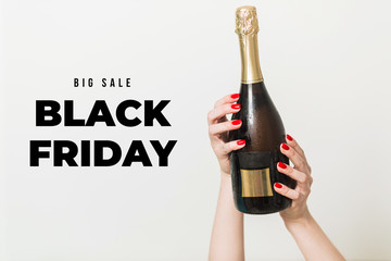 Party and holiday celebration concept. Champagne bottle on blue background.