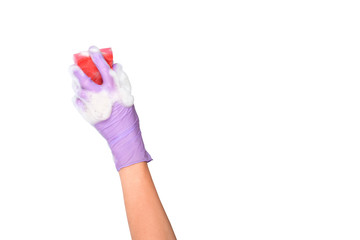 Sponge washing dishes in female hand. Hand in a latex glove isolated on white. Woman's hand gesture or sign isolated on white. A hand in a glove holds a sponge for washing and cleaning dishes