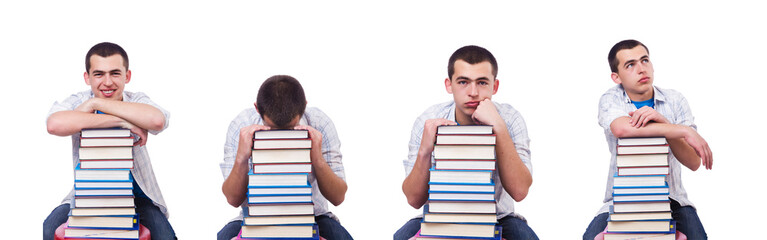 Student with lots of books on white