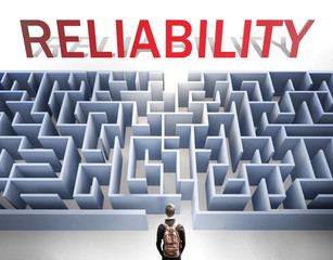 Reliability can be hard to get - pictured as a word Reliability and a maze to symbolize that there is a long and difficult path to achieve and reach Reliability, 3d illustration