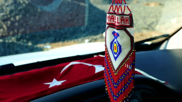turkish handicrafts, knitted automobile mashallah handwritten decor with pearl ornament,