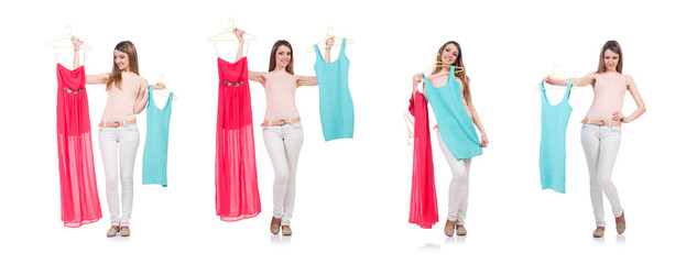 Woman trying new clothing on white