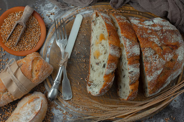 Bread products on the table in composition - close-up