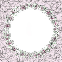 Round elegant frame of roses. Hand drawing with a pencil.  Mock up.