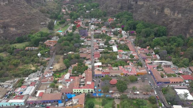 Aerial drone shot of the Convent and dowtown of the colorful town of Malinalco, Mexico