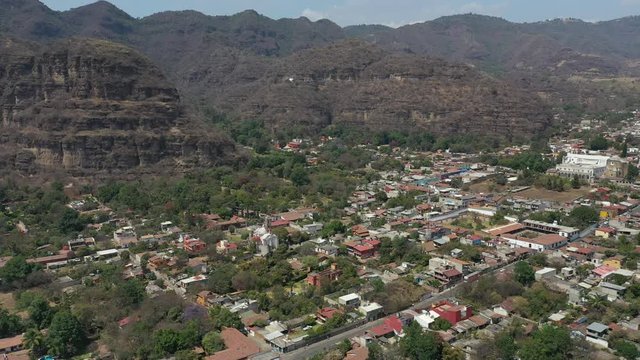 Aerial drone view of the colonial town of Malinalco and the hills next to it, Mexico