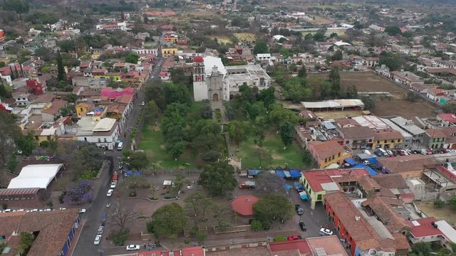 Aerial drone video of the Transfiguration Agustinian Convent and the downtown of Malinalco, Mexico