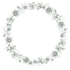 Circle frame with hand drawing roses. 