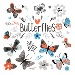 Cute butterflies and pretty flowers. Printed textile elements, spring garden beautiful naive style flora and insects vector signs isolated on white background