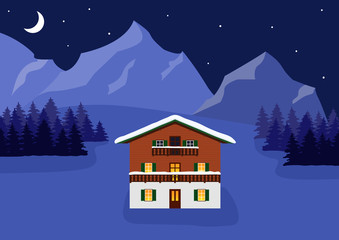 Beautiful typical traditional austrian or german wooden mountain house in winter alpine landscape. Alpine chalet covered with snow on winter night, stars and moonlight. Vector illustration.