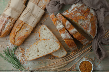 Bread products on the table in composition 