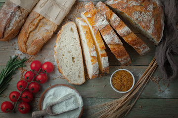 Bread products on the table in composition 