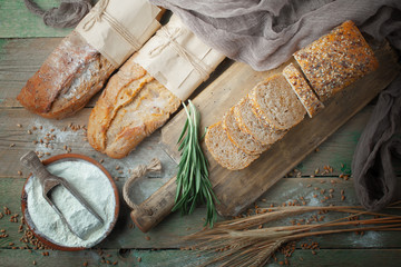 Bread products on the table in composition 