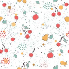 Cute Seamless Pattern with pears and dotted background. hand Drawn Delicate Design. Scandinavian Style. For cards, templates, gift paper, prints, decorations, templates, etc. Vector Illustration