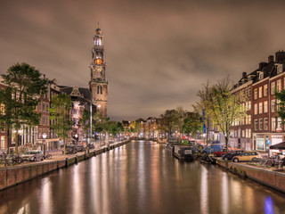 Night view on Prinsengracht in Amsterdam historical Canal belt.