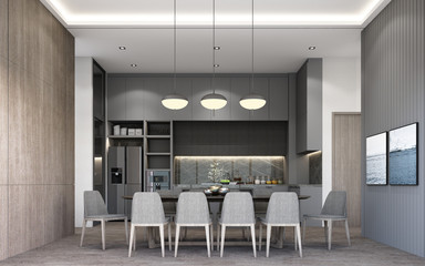 Interior design of modern luxury dining area and pantry with dining chair and dining table, grey wall decorate built-in, sunlight at the windows and wooden floor. 3d rendering