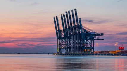 Fotobehang Antwerpen Rij containerterminalkranen bij roodgekleurde zonsondergang in de haven van Antwerpen, België