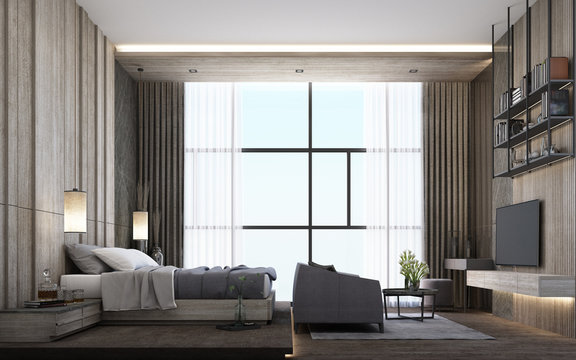 Interior design of modern luxury bedroom room with bed and night table, grey wooden wall decorate built-in, sunlight at the windows and wooden floor. 3d rendering