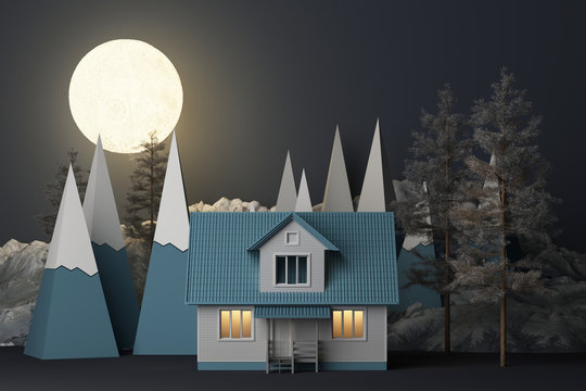 Beautiful Christmas winter snowy landscape background in night theme with full moon and mountains and low poly fir trees. 3d rendering - Powered by Adobe