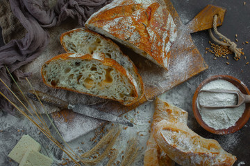 Bread products on the table in composition 