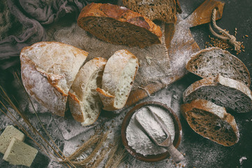 Bread products on the table in composition - close-up