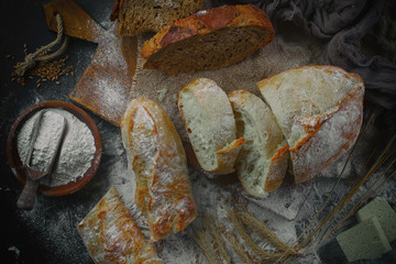 Bread products on the table in composition - close-up