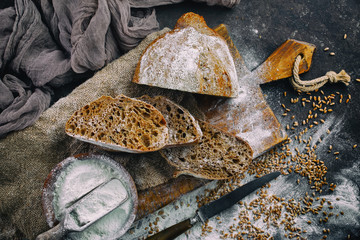 Bread products on the table in composition 