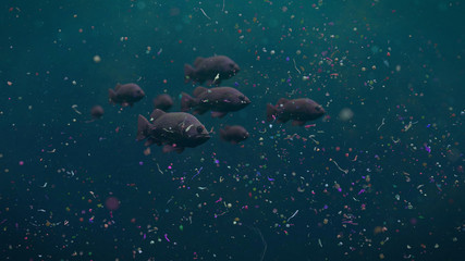 fish swarm swimming through plastic pollution, micro plastic particles in ocean water