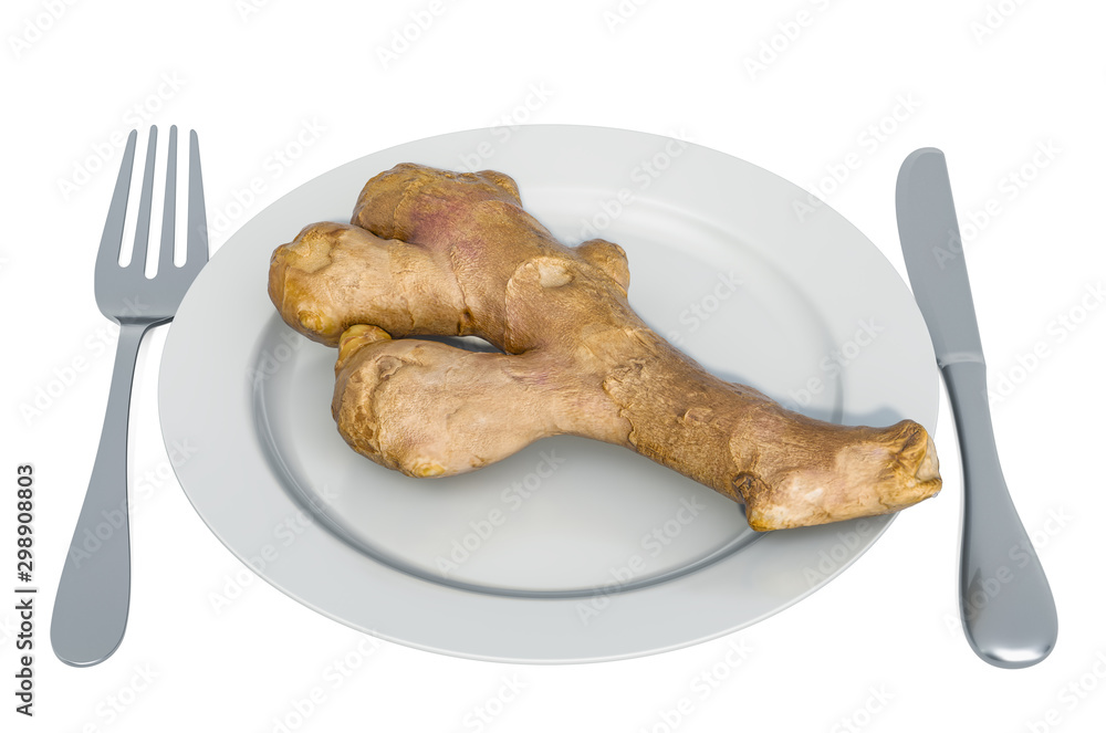 Poster fresh ginger root on plate with fork and knife, 3d rendering